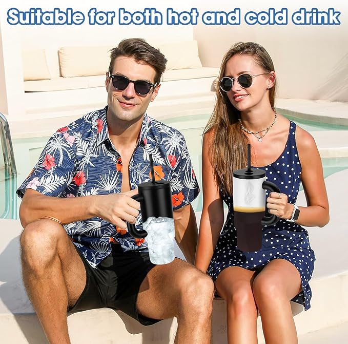 2 Pack 24oz Tumbler with Handle and Straw | Insulated Stainless Steel Travel Mug, Leakproof Lid Double-Wall Vacuum Cup for Hot & Cold Beverages - Fits Cup Holder, for Coffee, Tea, Water, White & Black - Bloomnest