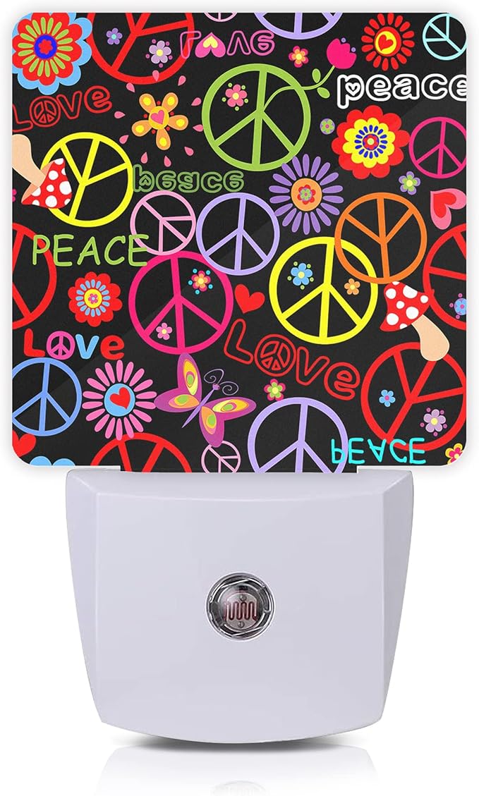Hippie Peace Flowers Night Light,Hippies Plug-in Night Lights with Dusk-to-Dawn Sensor for Bedroom, Bathroom and Living Room 0.5W Sleep Friendly lamp for for Girlfriend/Boyfriend Gift - Bloomnest