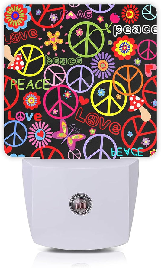 Hippie Peace Flowers Night Light,Hippies Plug-in Night Lights with Dusk-to-Dawn Sensor for Bedroom, Bathroom and Living Room 0.5W Sleep Friendly lamp for for Girlfriend/Boyfriend Gift - Bloomnest