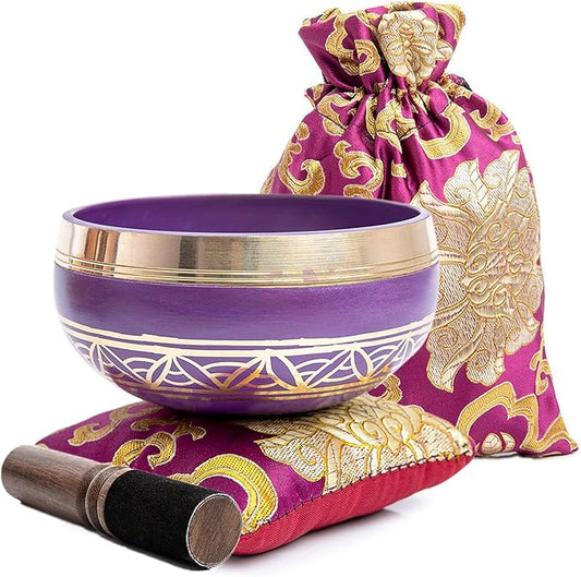 Tibetan Singing Bowl Set - Authentic Handcrafted Mindfulness Meditation Holistic Sound 7 Chakra Healing Gift by Himalayan Bazaar (Purple-Magenta) - Bloomnest