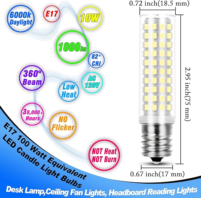 E17 LED Light Bulb 10 Watt Equivalent 100W 6000K Daylight White 1000lm 120V E17 Intermediate Base LED Bulb for Desk Lamp,Ceiling Fan Lights, Headboard Reading Lights, Non-Dimmable, 3 Pack - Bloomnest