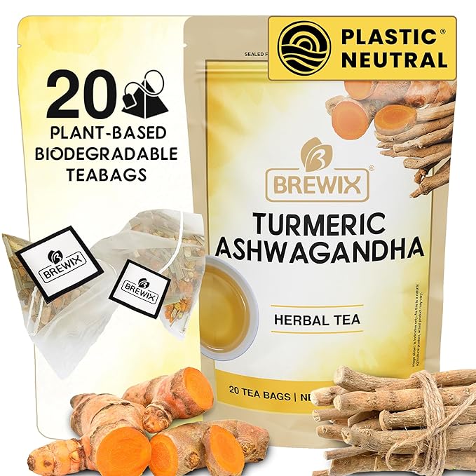 BREWIX, Turmeric Ashwagandha Herbal Tea Bags (20 Pyramid Tea Bags) Adaptogenic Herbs for Stress & Mood Support | Evening Calm & Sleep Support | Real Ingredients From India, Caffeine Free & Naturally Gluten Free | 100% Pure Herbal Blend Packed in Reseal... - Bloomnest