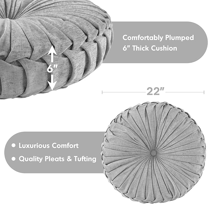 Intelligent Design Loretta Round Chenille Tufted Floor Pillow with Elegant Pleated Design, Large Boho & Vintage Decorative Throw Pillow for Sofa, Bed, or Chair, 22" x 6", Grey