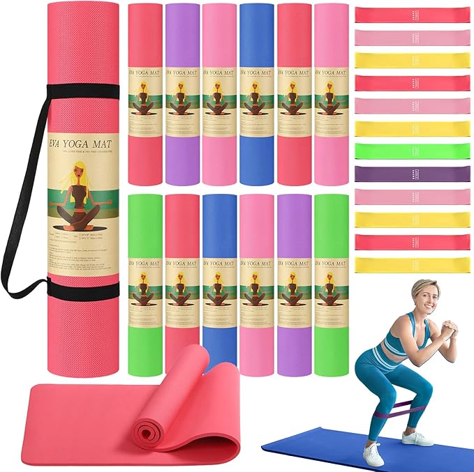 Hoolerry 36 Pieces Yoga Mats Sets Includes 12 Pcs Yoga Mats Bulk 68” x 24” x 6mm Thick Exercise Mat Non Slip 12 Resistance Bands 12 Carrying Straps for Women Girls for Gym Pilates - Bloomnest
