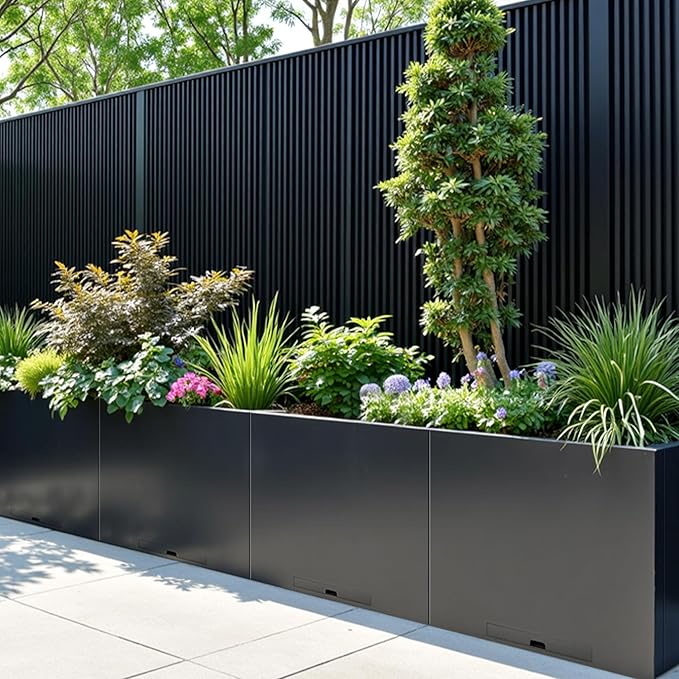 KOL Galvanized Steel Planter Box, with Insert Tray Drainage Holes, Rectangular Black Powder Coated Metal Planter, Outdoor Use, Heavy Duty Modern Flower Pot (Black, 36" H x 11" W x 32" L) - Bloomnest