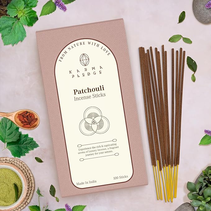 Patchouli Incense Sticks, Organic Hand Dipped 100 Sticks with Natural Herbs & Aromatic Ingredients, Burn Time 45 to 60 Minutes, Incense for Positivity, Yoga, Meditation, Relaxation, Spiritual Gift KARMAPLEDGE