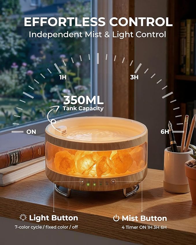 Essential Oil Diffuser with Himalayan Salt Lamp, 350ml Ultrasonic Aromatherapy Humidifier, 7 Colors LED Light, Timer & Auto Shut-Off for Home Bedroom Office Spa Yoga Bloomnest