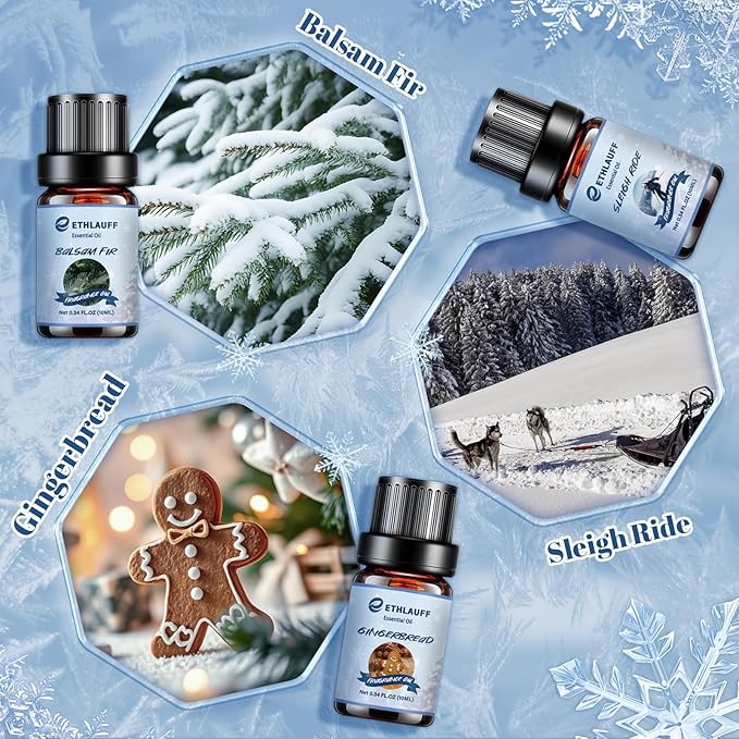 Essential Oils Set, Winter, Warm Woollen Blanket, Balsam Fir, Snow Walk, Sleigh Ride, Gingerbread - Bloomnest