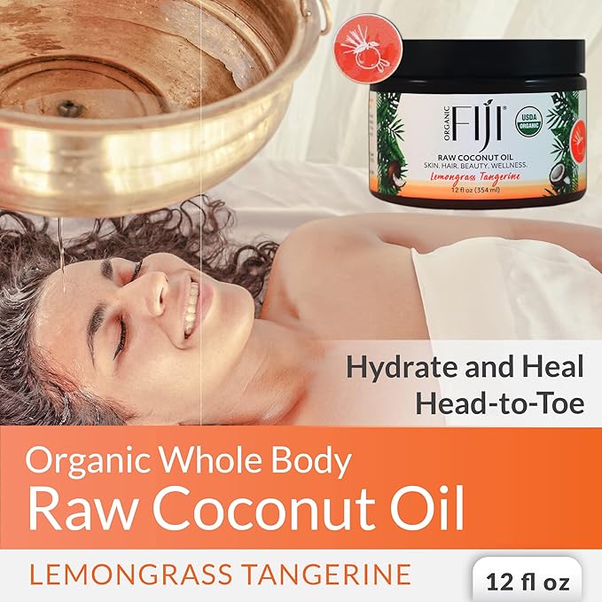 Organic Fiji Raw Cold Pressed Coconut Oil for Hair, Skin, Face & Body | Relaxing Massage Oil | Lemongrass Tangerine,12 oz for Women Men & Baby - Bloomnest