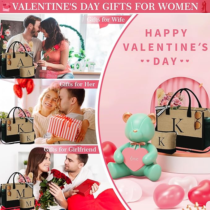 YOOLIFE Valentines Day Gifts for Her - Initial Jute Tote Bag & Makeup Bag, Birthday Gifts for Women Teacher Mom Wife Friend - Bloomnest