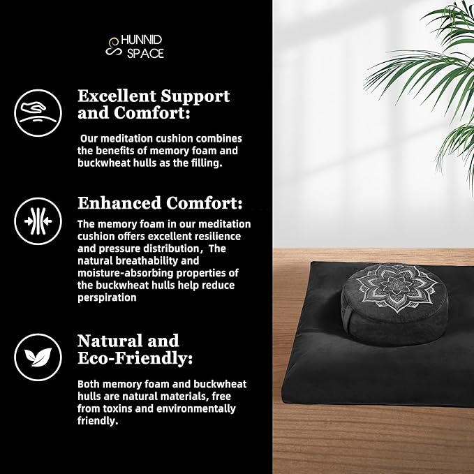 Meditation Zafu Cushion Set with Buckwheat Hulls & Memory Foam - Ergonomic Support for Yoga & Sitting - Removable Machine-Washable Luxury Velvet Cover - for Adults and Kids (Black)