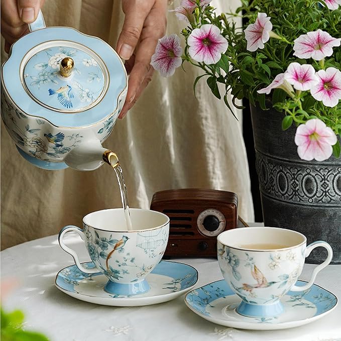 Bone China Tea Set, Porcelain Tea Sets for Adults, Blue and White Bone China Tea Cup Set for 6, Vintage Tea Sets for Women Tea Party - Bloomnest