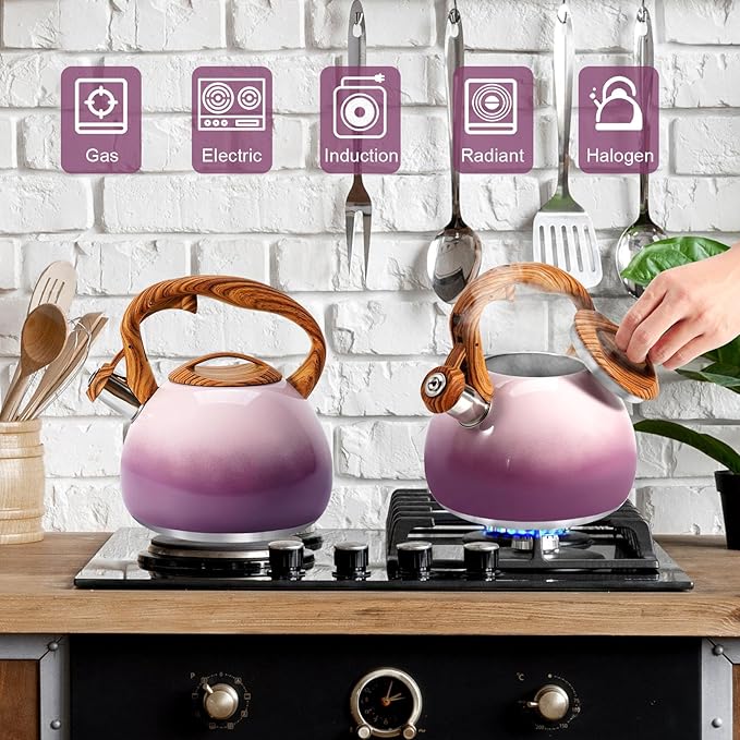 GGC Tea Kettle for Stove Top, 3.1QT/3L Whistling Tea Kettles for Boiling Water Coffee or Milk, Purple Tea Pot with Wood Parttern Handle, Stainless Steel Tea Pot for Home and Kitchen - Bloomnest
