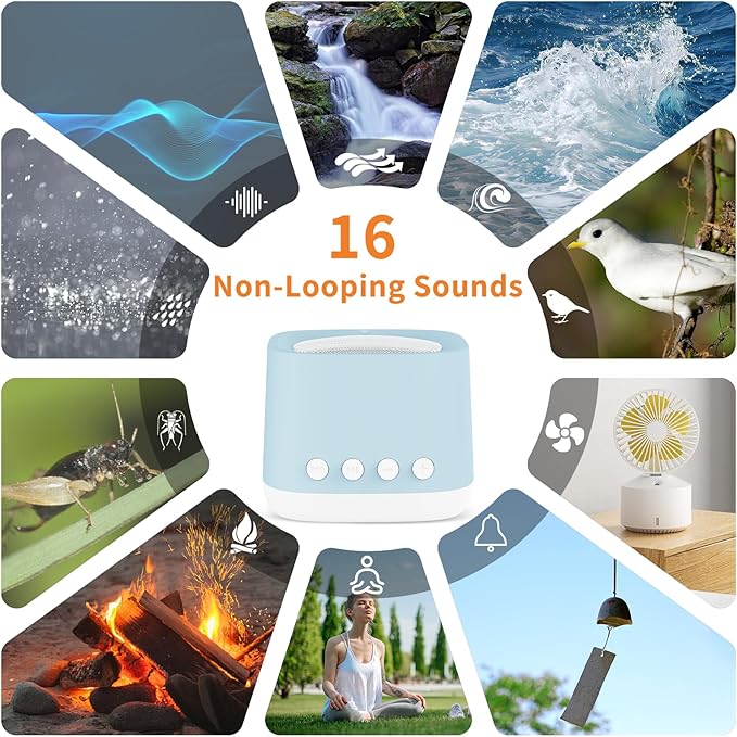 Portable White Noise Machine,Mini Sound Machine for Travel with Breathing Night Light,16 Soothing Sounds,Timer,Rechargeable Brown Noise Machines for Sleeping Adults Gift,Office Privacy,Home (Blue) - Bloomnest