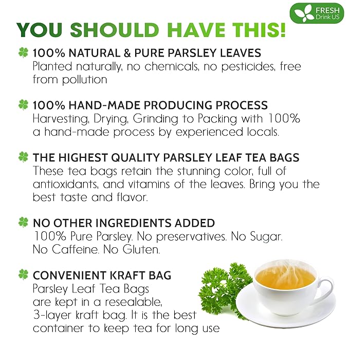 FreshDrinkUS, Premium 135 Parsley Leaf Tea Bags, 100% Natural & Pure from Parsley Leaves. Loose Leaf Parsley Herbal Tea. Made with Natural Material Tea Bags. No Sugar, No Caffeine, No Gluten, Vegan. - Bloomnest