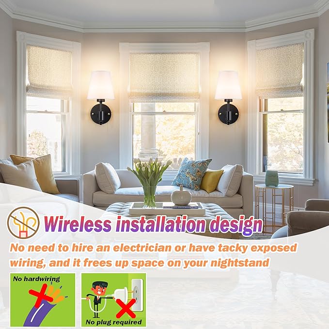 Battery Operated Wall Sconces Set Of Two, Wireless Battery Wall Light With 10000mAh RGB Rechargeable Magnetic Bulb, Rechargeable Wall Sconce With Remote Control For Bedroom, No Electrician Required - Bloomnest
