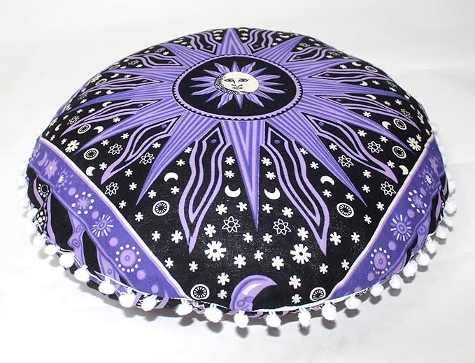 CRAFT KALA 22" Bohemian Floor Pillow Pouf Cover Mandala Boho Large Round Meditation Room Pillow Covers for Adults Seating Poufs Cushion Cover for Kids Playroom Purple Burning Sun - Bloomnest