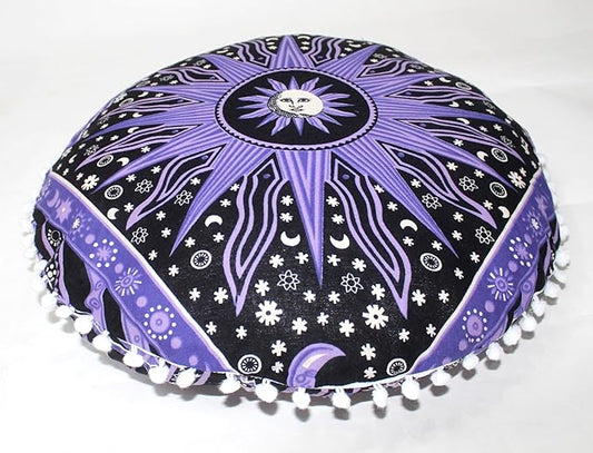 CRAFT KALA 22" Bohemian Floor Pillow Pouf Cover Mandala Boho Large Round Meditation Room Pillow Covers for Adults Seating Poufs Cushion Cover for Kids Playroom Purple Burning Sun - Bloomnest