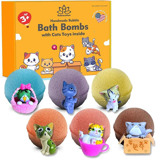 Made in USA 6 Organic Bath Bombs for Kids Set with Cat Toys Surprise Inside for Kids - Surprise Cute Cats Inside Each Fizzy Bath Ball - Natural and Safe for Girls, Boys, Teens - Perfect for Gift - Bloomnest