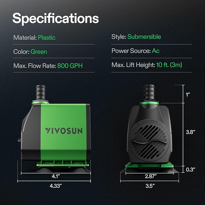 VIVOSUN 800GPH Submersible Pump(3000L/H, 24W), Ultra Quiet Water Fountain Pump with 10ft. High Lift with 6.5ft. Power Cord, 3 Nozzles for Fish Tank, Pond, Aquarium, Statuary, Hydroponics Green - Bloomnest
