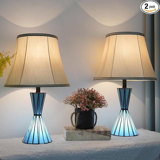 Blue Glass Table Lamps Set of 2 for Living Room 3-Way Dimmable Bedside Desk Lamps with 13 inches White Shade for Living Room Home Office - 2 LED Bulbs Included - Bloomnest