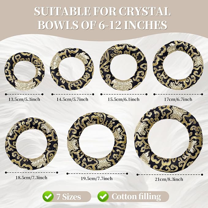 10 Pcs Singing Bowl Cushion Set 7 Silk Cloth O Ring with 3 Crystal Singing Bowl Mallet Include Solid and Hollow Stick Wood Handle Rubber Mallet for 6-12" Tibetan Sound Meditation (Black Gold) - Bloomnest