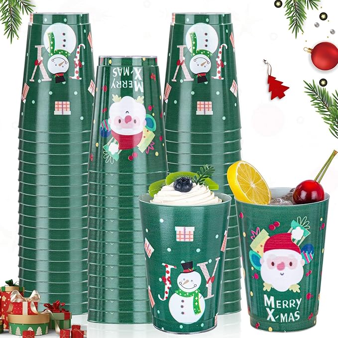 I00000 50Pcs 12oz Snowman Pattern Design Christmas Plastic Cups, Premium Disposable Cups, Green Xmas Party Cup with Santa Claus Pattern Design, Perfect for Christmas Party - Bloomnest