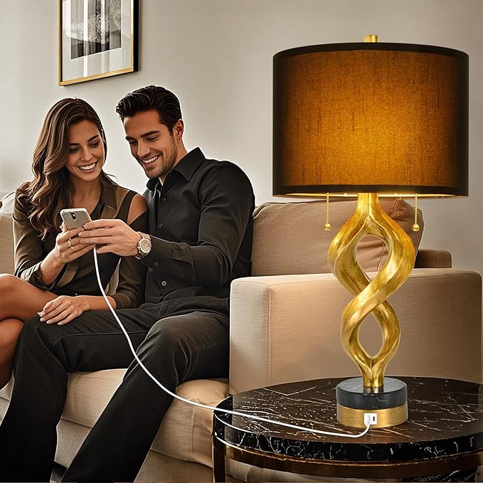 Sculptural Table Lamp Set of 2 for Bedroom, 26” Gold Leaf Farmhouse Bedside Lamps for Living Room, Pull Chains Switch Rustic Nightstand Lamp Marble Base with USB for Home Room Decor (Bulbs Included) - Bloomnest