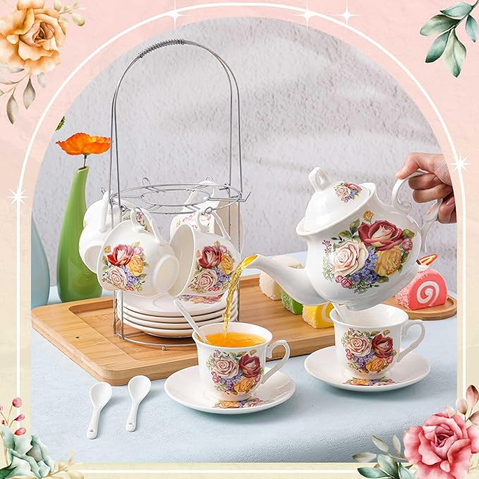 Zhehao 20 Pcs Porcelain Tea Set with Metal Holder and Spoon Adult Ceramic Tea Set European Flower Painting Teapot Cup Saucer Spoon for Women, Large Version(Floral Style) - Bloomnest