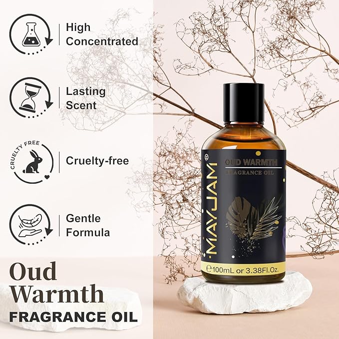 Oud Warmth Fragrance Oil Essential Oil, MAYJAM 3.38FL.OZ Oud Warmth Oil for Diffusers for Home, Long Lasting Scented Oils for Soap Candle Making - 100ML MAYJAM