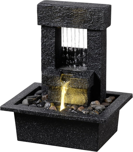 Indoor Tabletop Water Fountain with LED Light – Modern Black Desk Waterfall Feature with Soothing Sounds and River Rocks, Relaxation Zen Decor for Home Office Bedroom