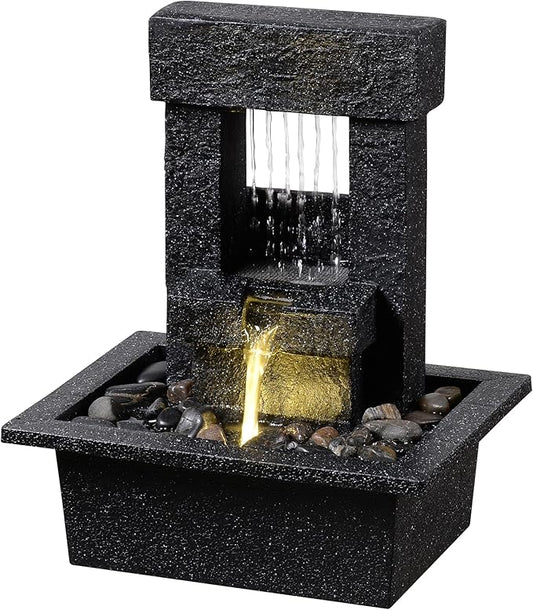 Indoor Tabletop Water Fountain with LED Light – Modern Black Desk Waterfall Feature with Soothing Sounds and River Rocks, Relaxation Zen Decor for Home Office Bedroom - Bloomnest