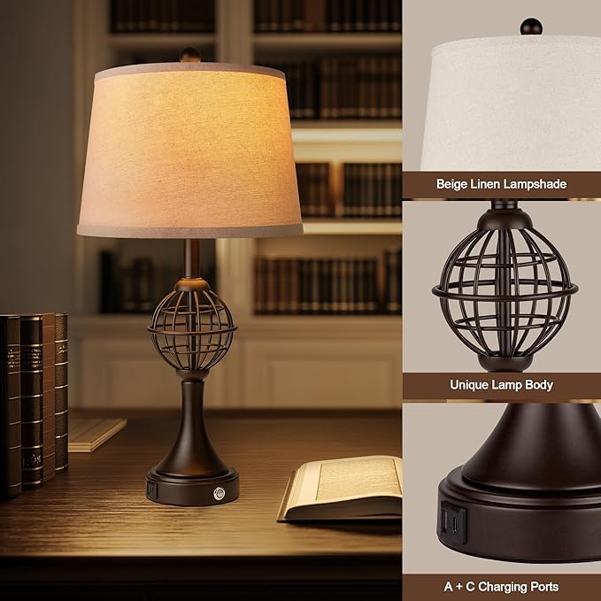 Table Lamps for Living Room Set of 2, Farmhouse Touch Lamps for Nightstand with USB A+C, 26.5" Rustic Bedside Lamp for Bedroom End Tables - Bloomnest