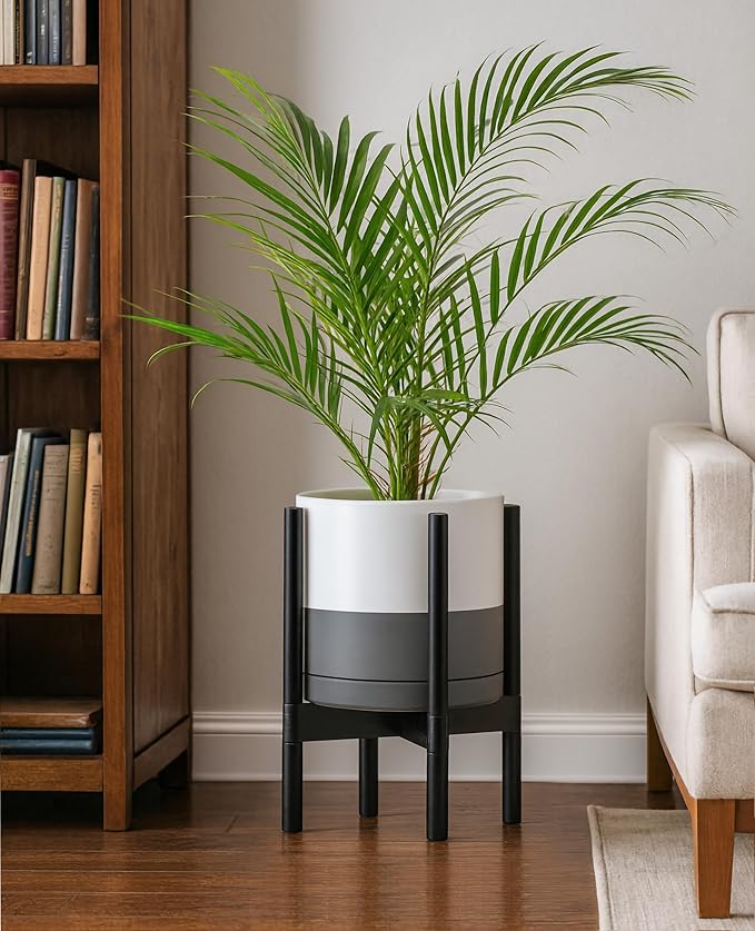 D'vine Dev Ceramic Planter with Ebony Stand - 10 Inch Modern Round Flower Pot with Wood Planter Holder, White/Grey, 55-B-L-6 - Bloomnest