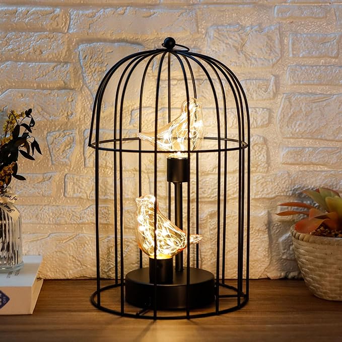 JHY DESIGN Birdcage Decorative Lamp Battery Operated 12" H Cordless Table Lamp with Warm White Fairy Lights Bird Bulb for Indoor Bedroom Living Room Home Wedding Xmas(Black) - Bloomnest