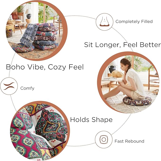 Codi 2Pcs Round Meditation Floor Cushions, Large Pillow Sitting for Adults and Kids, Bohemian Seats for Reading Yoga Living Room Tatami, Memory Foam Added, 22x22 Inch, Paisley Boho - Bloomnest