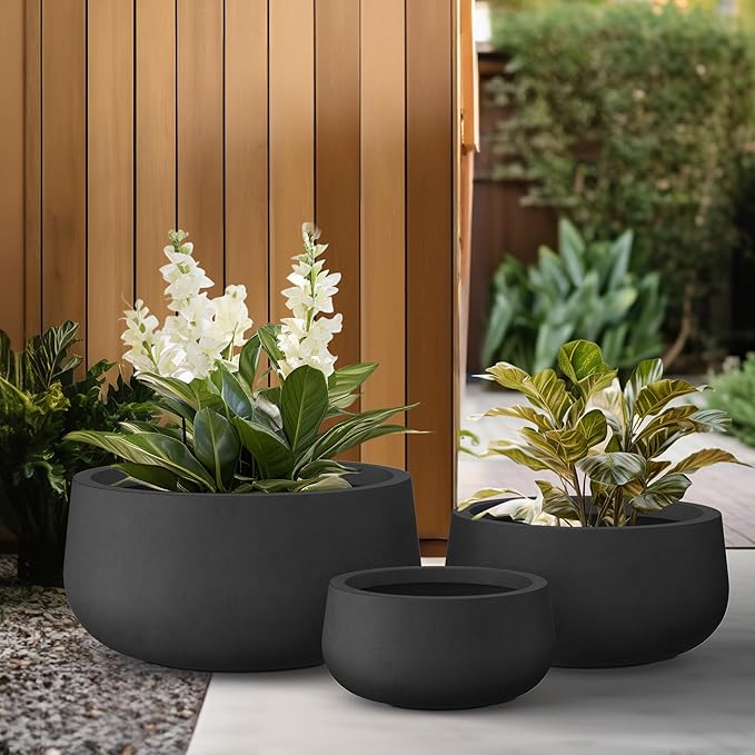 Kante 19.6",15.7",11.8" Dia Round Concrete Planters Set of 3, Outdoor Indoor Garden Plant Pots with Drainage Hole and Rubber Plug, Modern Curvaceous Design, Black - Bloomnest