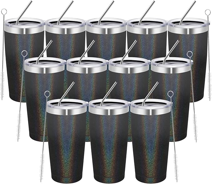 MEWAY 20oz Tumbler 12 Pack Double Wall Vacuum Insulated Travel Glitter Mug Bulk, Stainless Steel Tumblers with Lid and Straw, Powder Coated Coffee Cups for Woman(Gradient Black,Set of 12) - Bloomnest
