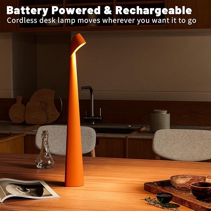 Portable Cordless LED Desk Lamp, Rechargeable Wireless Table Lamp, 3-Level Brightness, Patio & Bedside Night Light, Dining Room Ambient Reading Light (Orange) - Bloomnest