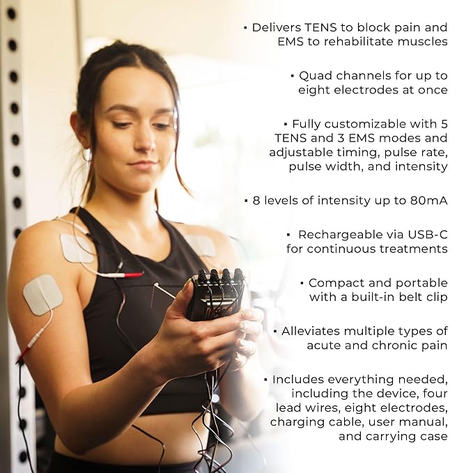 TENS 7000 Pro Rechargeable Tens Unit Muscle Stimulator, 4 Channels, Back Pain Relief, 8 Electrodes/Unit Pads, EMS and TENS Machine, Muscle Recovery & Growth, Stim Machine, Electrotherapy TENS7000