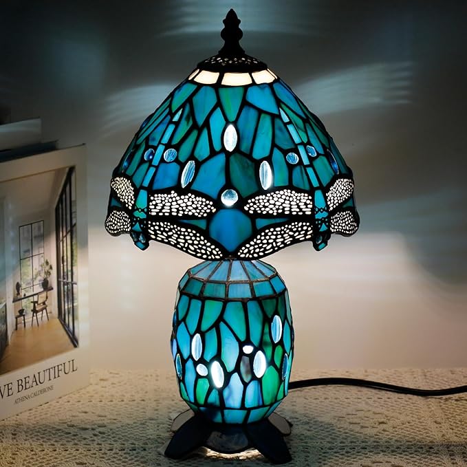 Small Tiffany Lamp Stained Glass Table Lamp Mini Mother Daughter Vase Desk Accent Light for Bedroom Bedside Reading Home Antique Style Decor 8X14 Inches (Green Dragonfly) - Bloomnest