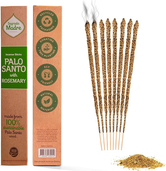 Sagrada Madre 8pcs Wildly Harvested Thick Palo Santo Incense Sticks (Rosemary), 9” Long - Eco Friendly, Non-Toxic, Aromatic Incense Sticks (1hr Burning Time) to Heal & Calm Your Body and Environment SagradaMadre