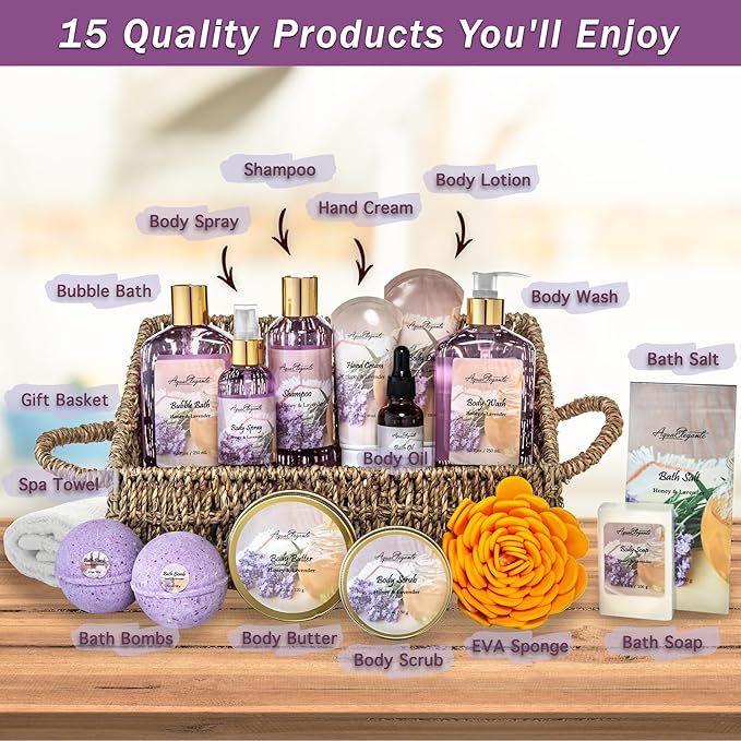 Bath Spa Gift Sets - Luxury Basket With Honey & Lavender - Spa Kit Includes Wash, Bubble Bath, Lotion, Bath Salts, Body Scrub, Body Spray, Shower Puff, Bathbombs, Soap and Towel - Bloomnest