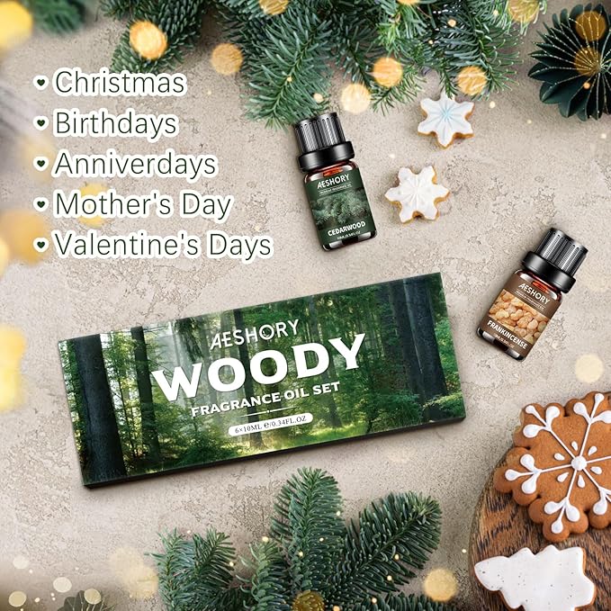 Woody Essential Oils Set - 6x10ML Woody Scents Fragrance Oil for Candle Making, Diffuser - Teakwood, Sandalwood, Cedarwood, Cyperss, Forest Pine, Frankincense Aromatherapy Oils - Bloomnest