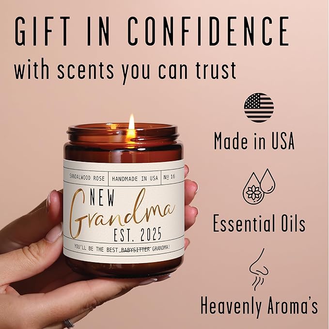 New Grandma Gifts First Time - 'New Grandma 2025' Candle, w/Sandalwood Rose I First Time Grandma Gifts I Promoted to Grandma Announcement I Grandma to Be I New Grandmother Gift I 50hr Burn, USA Made - Bloomnest
