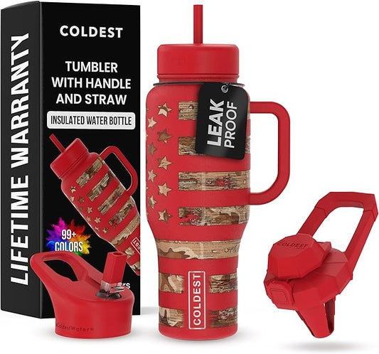 Coldest Tumbler with Handle and Straw, 100% Leak Proof Insulated Tumbler with Lid and Straw (3 Lids), Stainless Steel Tumblers for Women & Men, Cup Holder Friendly, 36 oz (The Republican) - Bloomnest