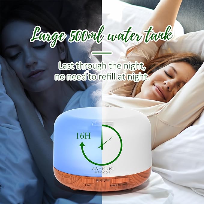 ASAKUKI Oil Diffuser with Essential Oils Set, 500ml Aromatherapy Humidifier with 14 LED Colors & Auto Shut-Off - 6 Oil Gift Pack(Lavender Eucalyptus Tea Tree Orange Peppermint Lemongrass) - Bloomnest