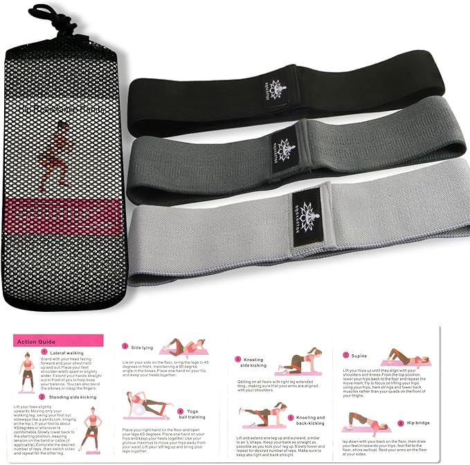 Hatha Yoga Large Resistance Band,14.5" x3.15",Fabric Exercise Loop Bands with Instruction Guide and Carry Bag, Set of 3. - Bloomnest
