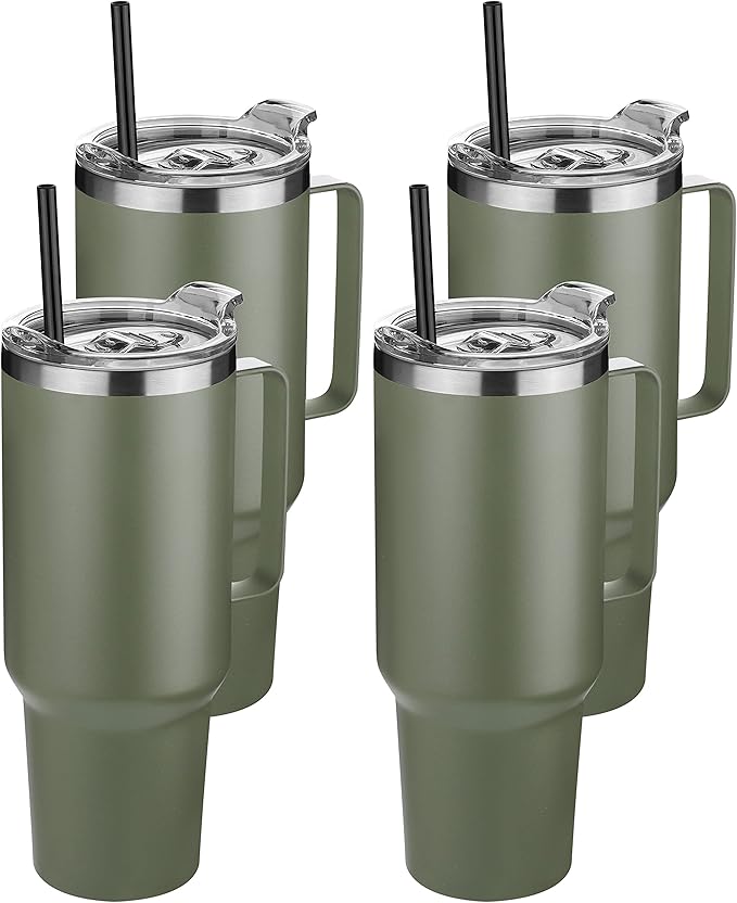 HASLE OUTFITTERS 40 oz Stainless Steel Tumbler with Handle, Vacuum Insulated Tumblers Bulk, Reusable Double Wall Travel Coffee Mug, Durable Powder Coated Water Bottles(Army Green, 4) - Bloomnest