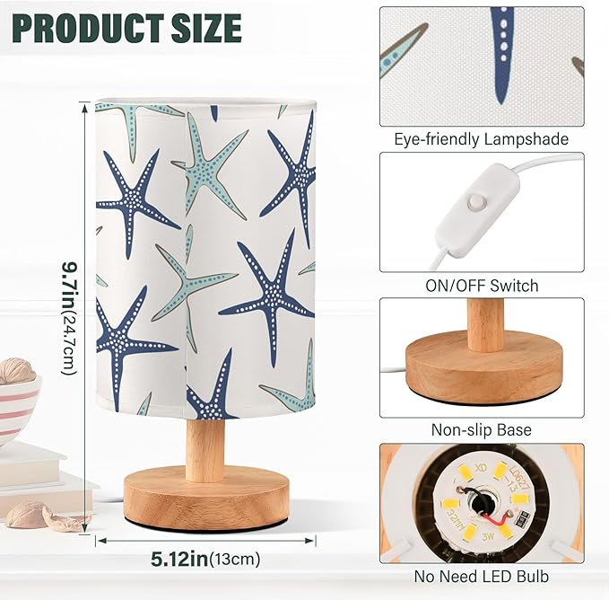 Table Lamp Nautical Starfish Pattern Nightstand Lamp with Wood Base Fabric Lamp Shade Bedside Desk Lamp for Living Room Bedroom Kids Room Office - Bloomnest